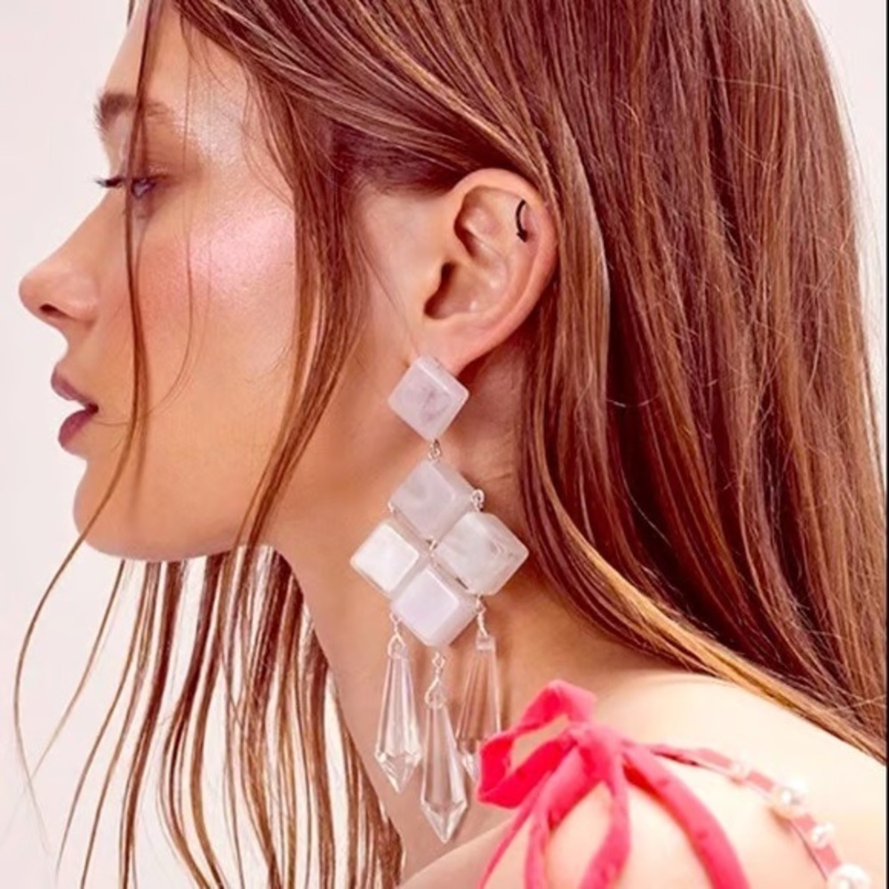 For Love and Lemons Gwen Chandelier Earrings Crystal and Cubes